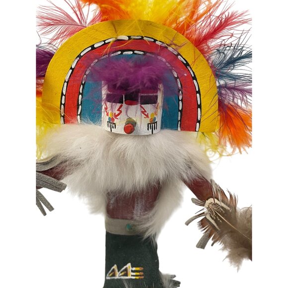 Handcrafted Rainbow Kachina Doll With Feather Headdress & Wooden Base - Picture 2 of 15